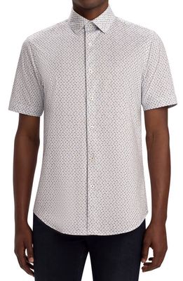 Bugatchi Print Short Sleeve Stretch Cotton Button-Up Shirt in Classic Blue