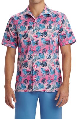 Bugatchi Regular Fit Short Sleeve Button-Up Camp Shirt in Pink