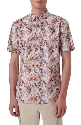 Bugatchi Shaped Fit Abstract Print Short Sleeve Stretch Cotton Button-Up Shirt in Caramel