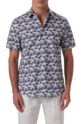 Bugatchi Shaped Fit Abstract Print Short Sleeve Stretch Cotton Button-Up Shirt in Sand