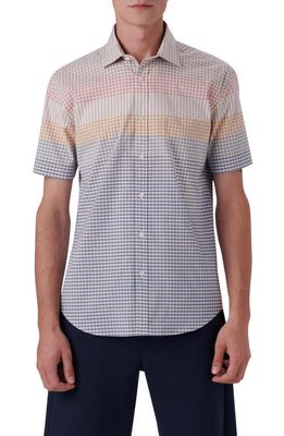 Bugatchi Shaped Fit Gingham Stripe Short Sleeve Stretch Cotton Button-Up Shirt in Stone