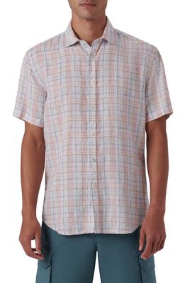 Bugatchi Shaped Fit Plaid Linen Short Sleeve Button-Up Shirt in White