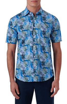 Bugatchi Shaped Fit Print Stretch Cotton Short Sleeve Button-Up Shirt in Sky