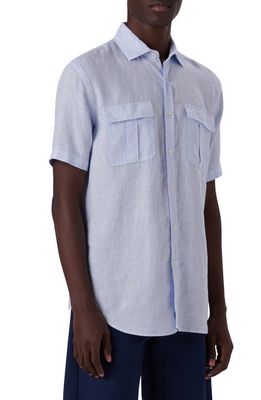 Bugatchi Shaped Fit Stripe Linen Short Sleeve Button-Up Shirt in Sky