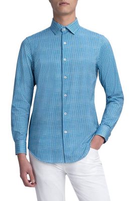 Bugatchi Tech Gingham Knit Stretch Cotton Button-Up Shirt in Teal