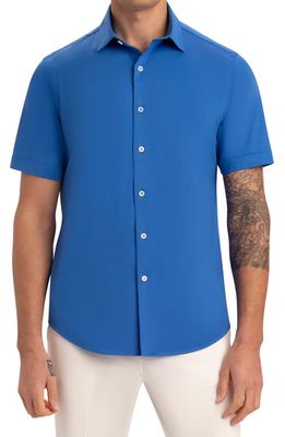 Bugatchi Tech Miles Short Sleeve Stretch Cotton Button-Up Shirt in Classic Blue