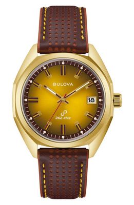 BULOVA Jet Star Leather Strap Watch, 40mm in Gold-Tone 