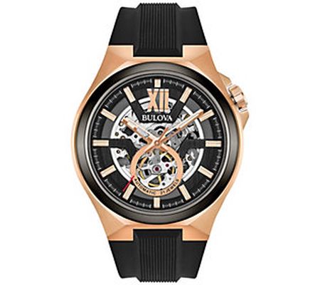 Bulova Men's Automatic Rosetone Watch w/ Black Silicone Strap