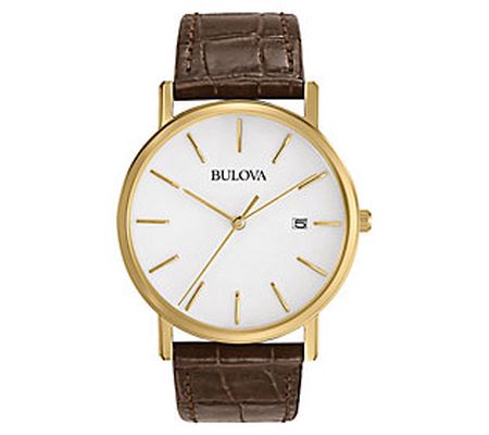Bulova Men's Goldtone Stainless Brown Leather Strap Watch