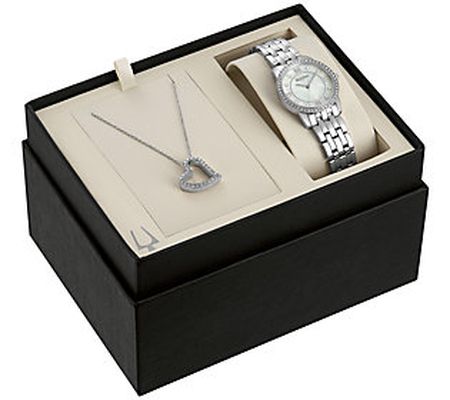 Bulova Women's Stainless Crystal Watch and Neck lace Gift Set