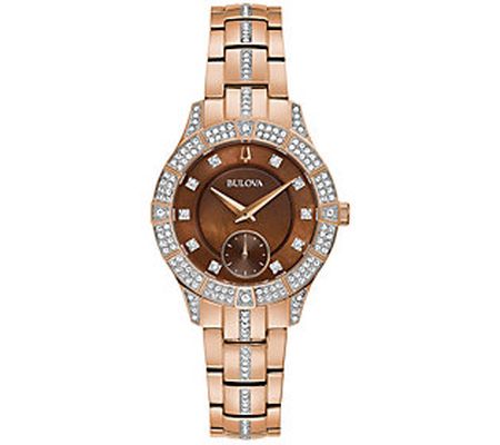 Bulova Women's Stainless Steel Rosetone Crystal Watch