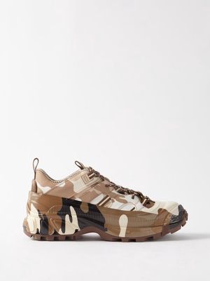 Burberry - Camo-print Nylon And Leather Trainers - Mens - Camouflage