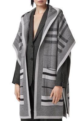 burberry Carla Check Wool Blend Hooded Cape in Mid Grey
