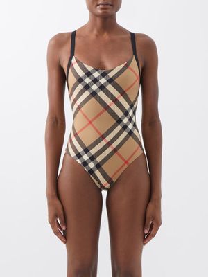 Burberry - Check-print Swimsuit - Womens - Beige Multi
