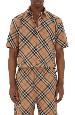burberry Check Short Sleeve Cotton Poplin Button-Up Shirt in Sand Ip Check