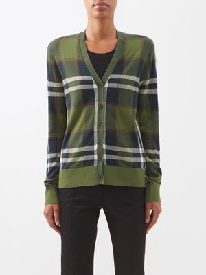 Burberry - Checked Merino-blend Cardigan - Womens - Dark Green Multi