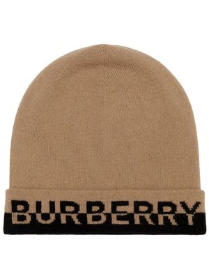 Burberry embroidered-logo knitted beanie - Brown