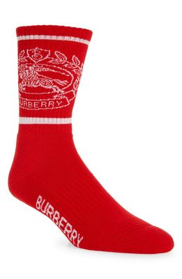 burberry Equestrian Knight Stripe Jacquard Crew Socks in Bright Chilli Red