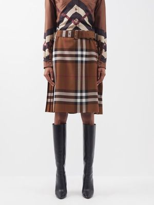 Burberry - Exaggerated-check Belted Wool Skirt - Womens - Beige Check