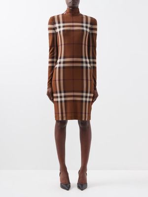 Burberry - High-neck Check-print Jersey Dress - Womens - Brown Multi