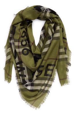 Burberry Horseferry Giant Check Fringe Trim Wool & Silk Scarf in Olive Green