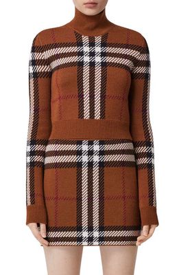 burberry Kerry Check Crop Wool Turtleneck Sweater in Dark Birch Brown