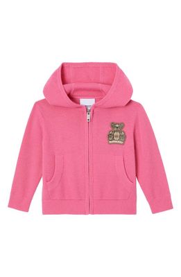 burberry Kids' Hooded Teddy Bear Logo Patch Cashmere Zip Sweater in Bubblegum Pink