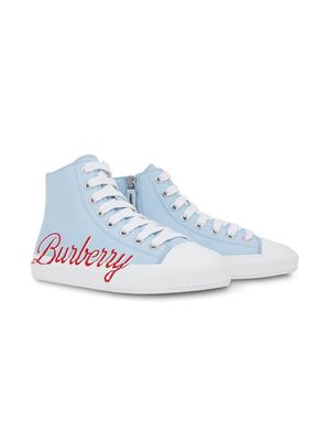 Burberry Kids logo-script gabardine high-top sneakers - Blue