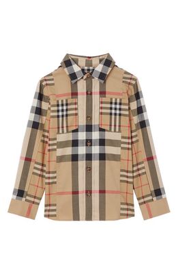 burberry Kids' Patchwork Check Stretch Cotton Button-Up Shirt in Archive Beige Ip Chk