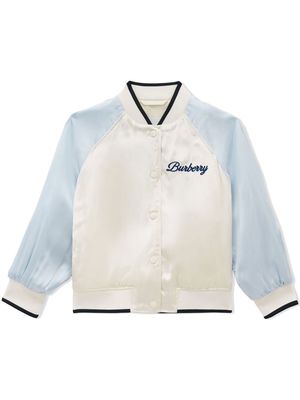Burberry Kids script logo satin bomber jacket - White