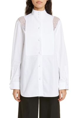 burberry Lace Inset Cotton Poplin Button-Up Blouse in Optic White