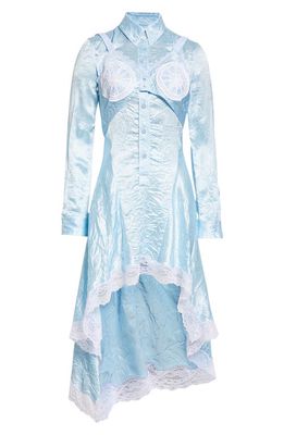 burberry Lace Trim Long Sleeve High-Low Satin Shirtdress in Glacier Blue