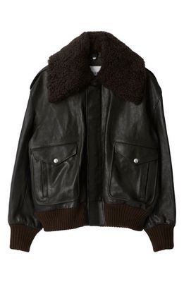 burberry Leather Bomber Jacket with Removable Genuine Shearling Trim in Otter