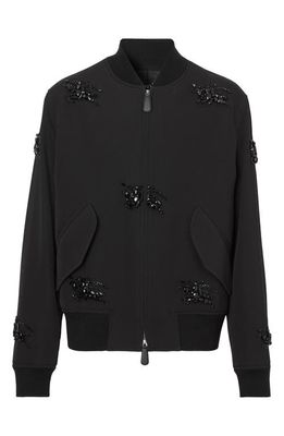 burberry Linton Equestrian Knight Crystal Embroidered Wool Bomber Jacket in Black