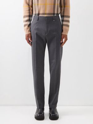 Burberry - Logo-embroidered Pleated Wool Trousers - Mens - Dark Grey