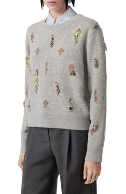 burberry Lorena Embellished Floral Embroidered Crewneck Wool Blend Sweater in Parchment Grey