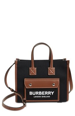 Burberry Mini Freya Horseferry Logo Canvas & Leather Tote in Black/Tan