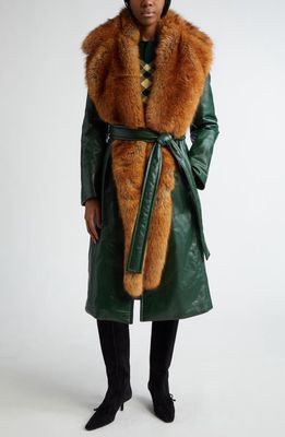 burberry Padded Leather Wrap Coat with Faux Fur Scarf & Hood in Ivy