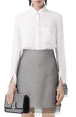 burberry Paola Cry Embellished Fishnet Overlay Silk Button-Down Shirt in Optic White