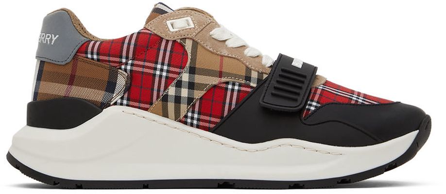 Burberry Red & Beige Ramsey Check Sneakers