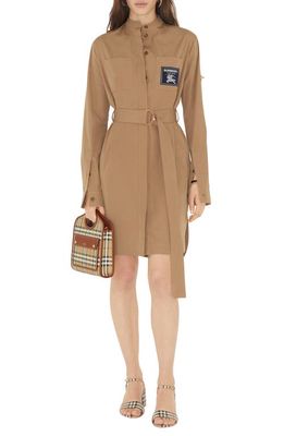 burberry Sofia Equestrian Knight Belted Long Sleeve Cotton Shirtdress in Camel