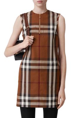 burberry Sofy Check Sleeveless Wool & Cotton Sheath Dress in Dark Birch Brown Ip