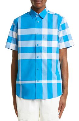 burberry Somerton Check Short Sleeve Stretch Cotton Button-Up Shirt in Vivid Blue Ip Check