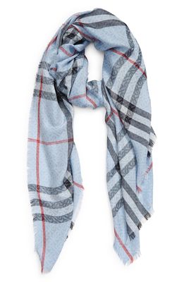 Burberry TB Monogram Giant Check Wool & Silk Gauze Scarf in Pale Blue
