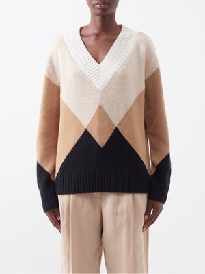 Burberry - V-neck Intarsia Cashmere Sweater - Womens - Beige
