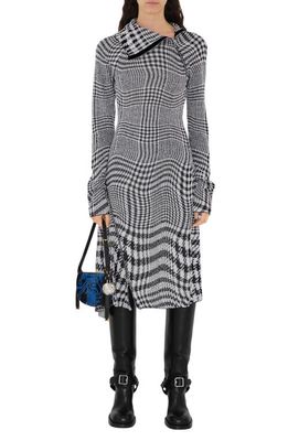 burberry Warped Houndstooth Jacquard Asymmetric Long Sleeve Wool Blend Midi Dress in Monochrome Ip Pttn