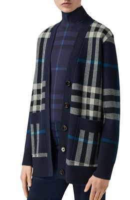 burberry Willah Check Wool & Cashmere Cardigan in Dark Charcoal Blue