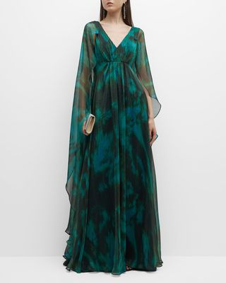 Burnout Cape-Sleeve Silk Gown