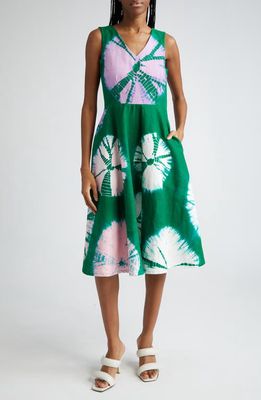 BUSAYO Belu Abstract Print Cotton Denim Dress in Green