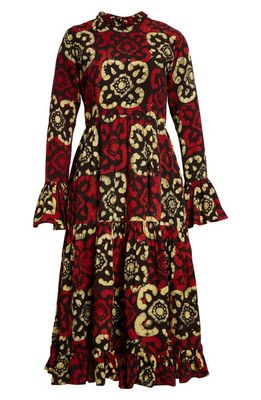 BUSAYO Detola Long Sleeve Midi Dress in Burgundy Multi